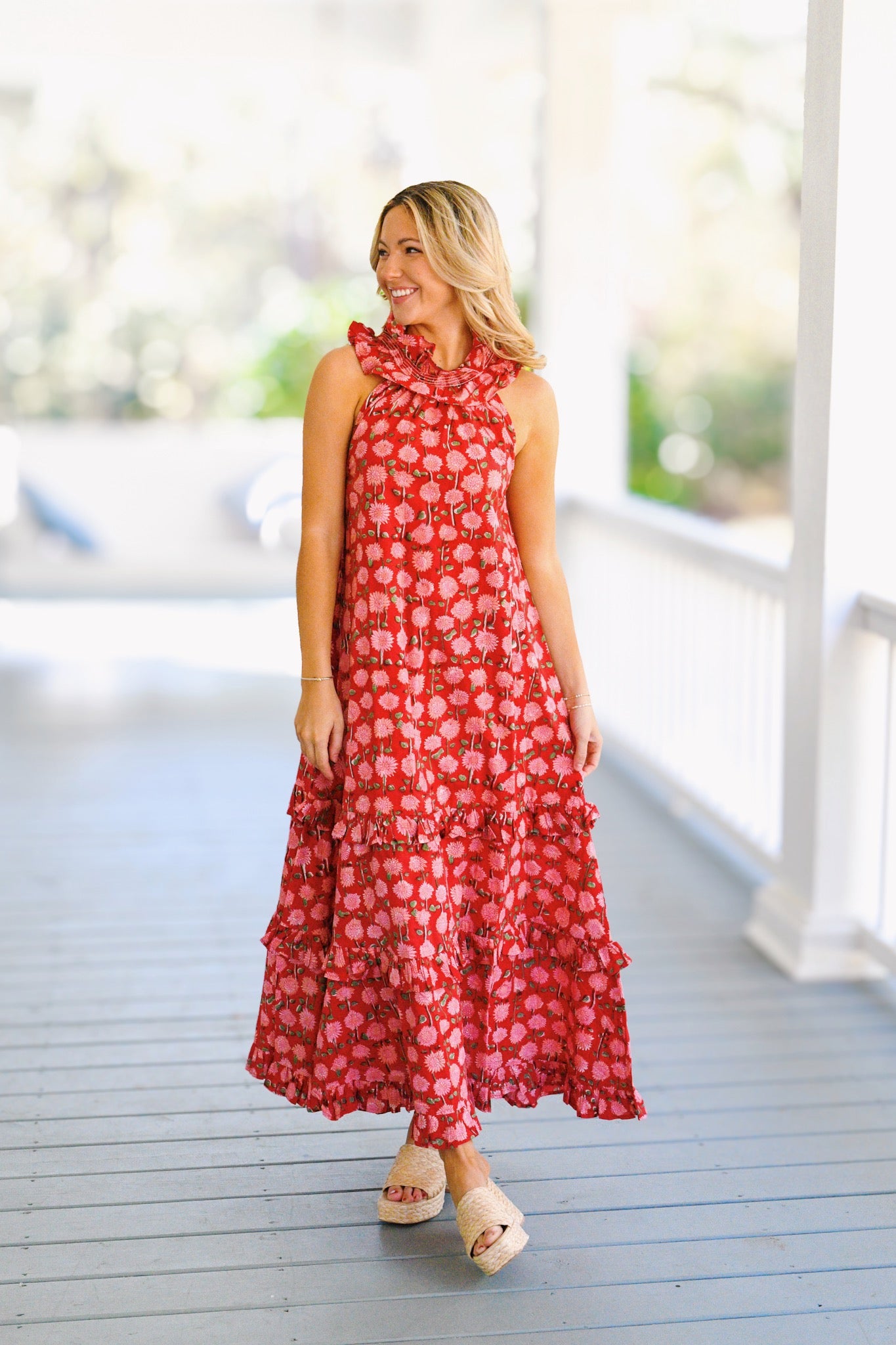 Court Frill Neck Maxi Dress - Red