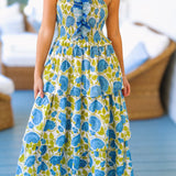 Andrea Floral Ruffle Tier Dress  - Blue/Green