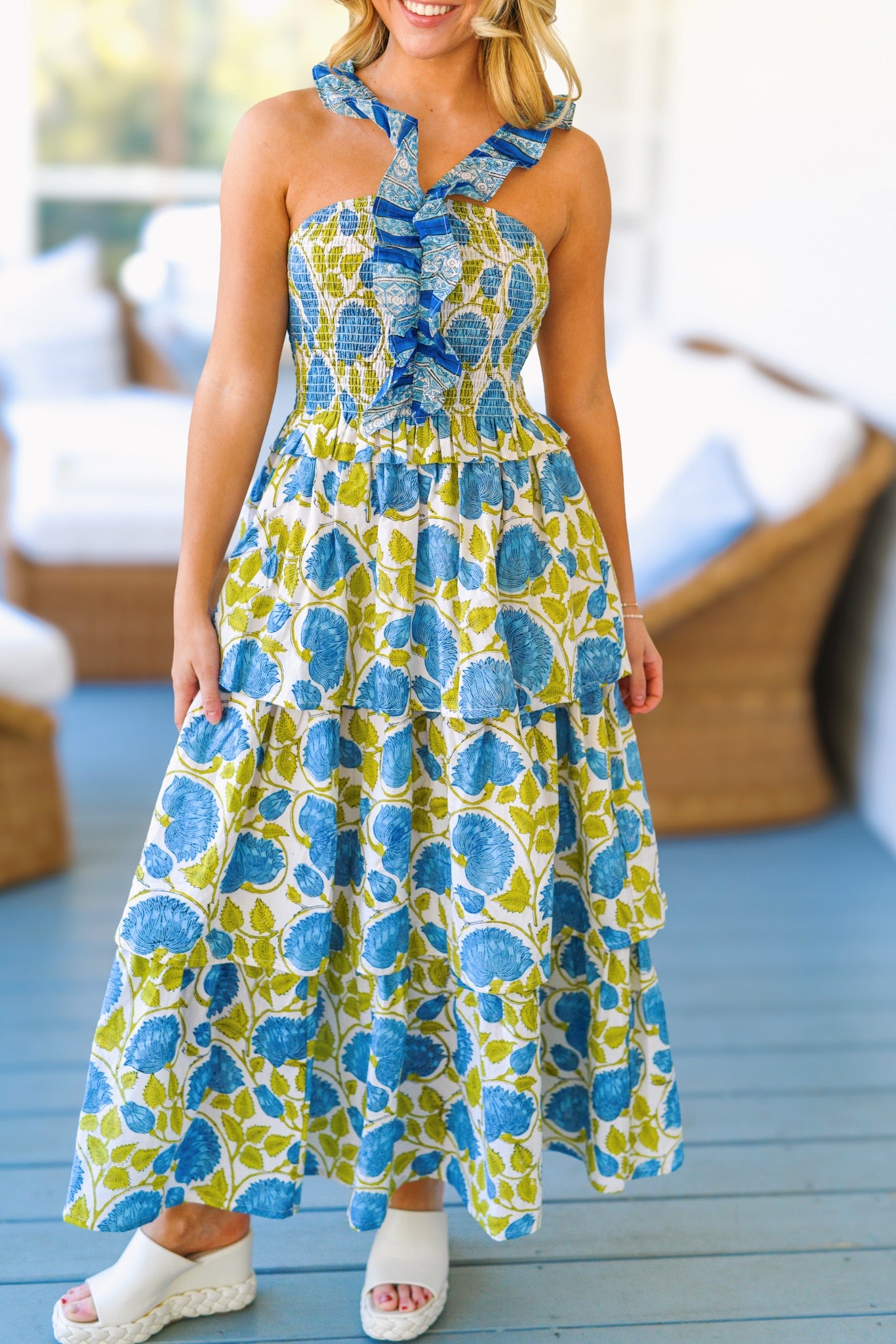 Andrea Floral Ruffle Tier Dress  - Blue/Green