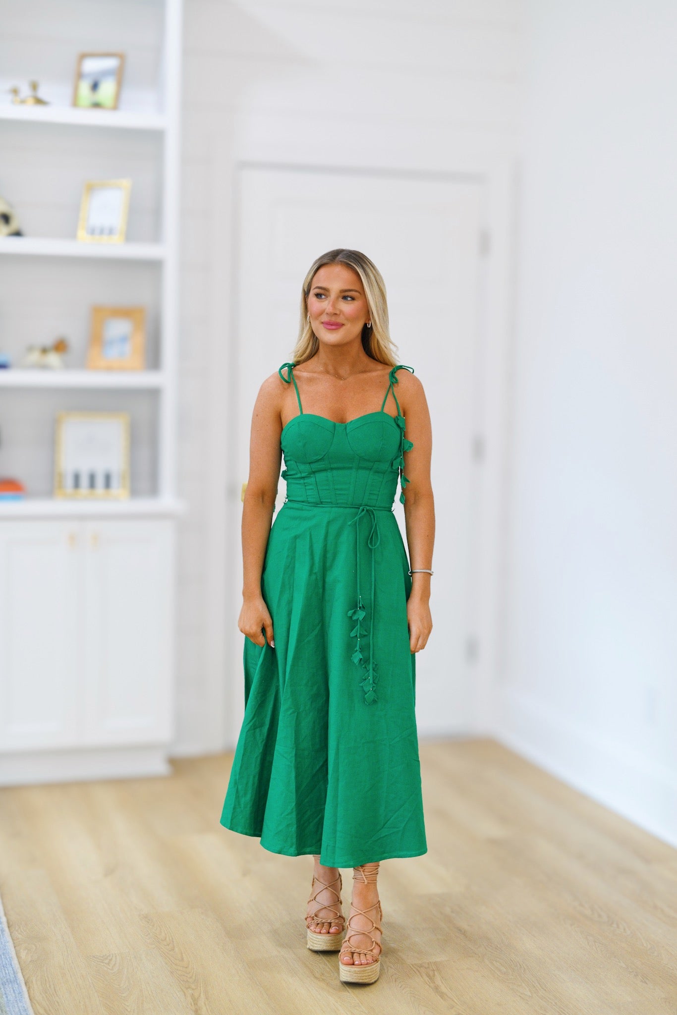 Annalee Self Tie Belt Flare Midi Dress - Green