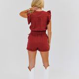 Riley Twill Button Up Romper-Burgundy