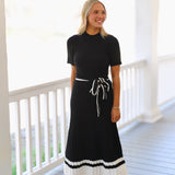 Brenna Belted Midi Dress - Black/Ivory