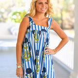 Tinley Striped Floral Mini Tie Dress - Blue/White