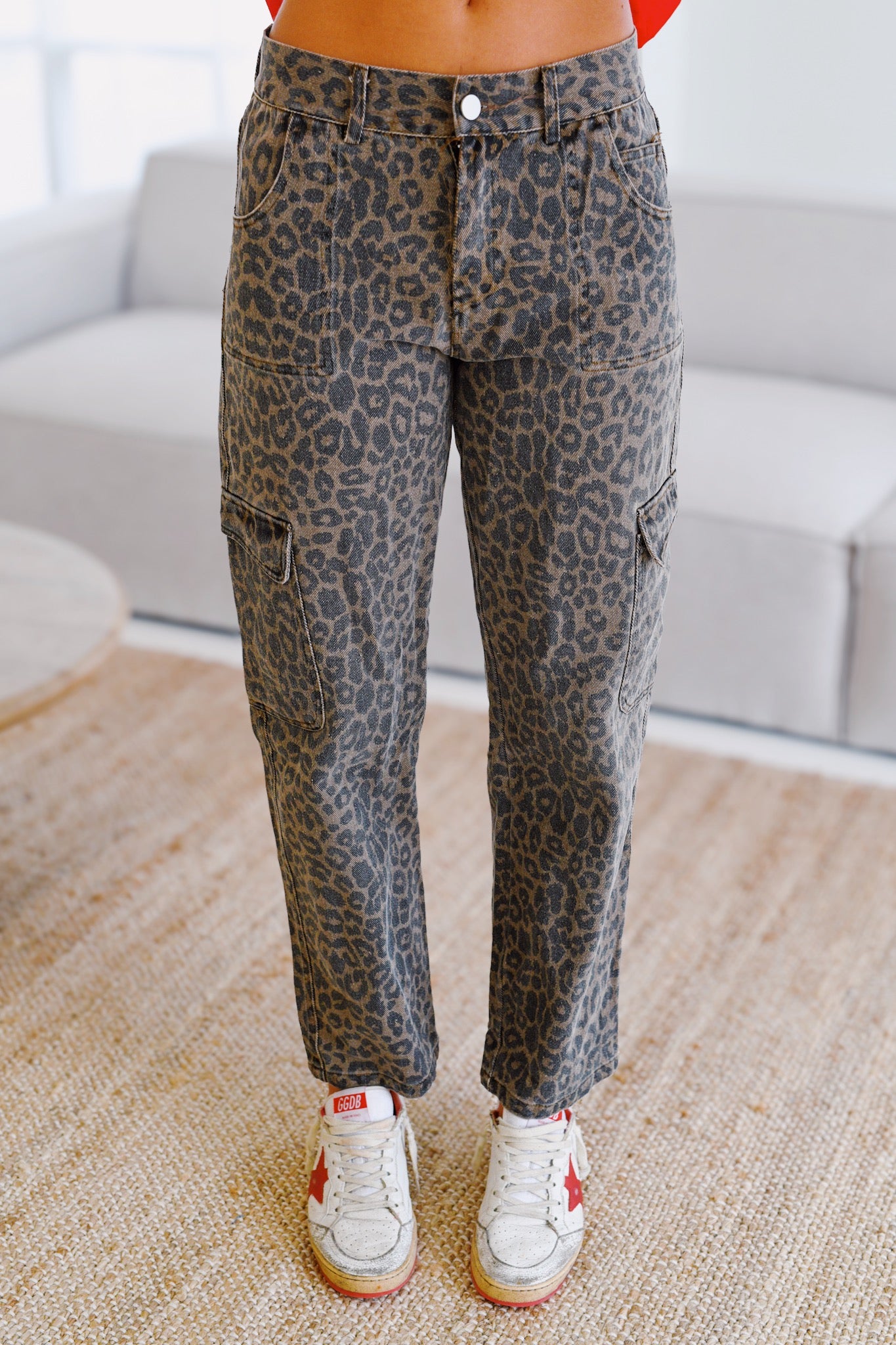 Cheetah Printed Cargo Pants - Brown