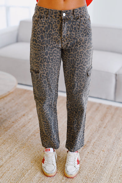 Cheetah Printed Cargo Pants - Brown