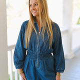 Blaire Collared Zip Front Romper-Denim