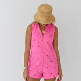 Emma Heart Embroidered Denim Romper - Pink/Red