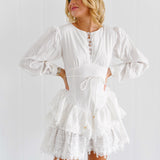 Destiny Cotton Long Puff Sleeve Lace Trim Mini Dress - White