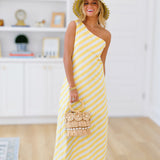 Hanna Striped One Shoulder Dress - Yellow/White