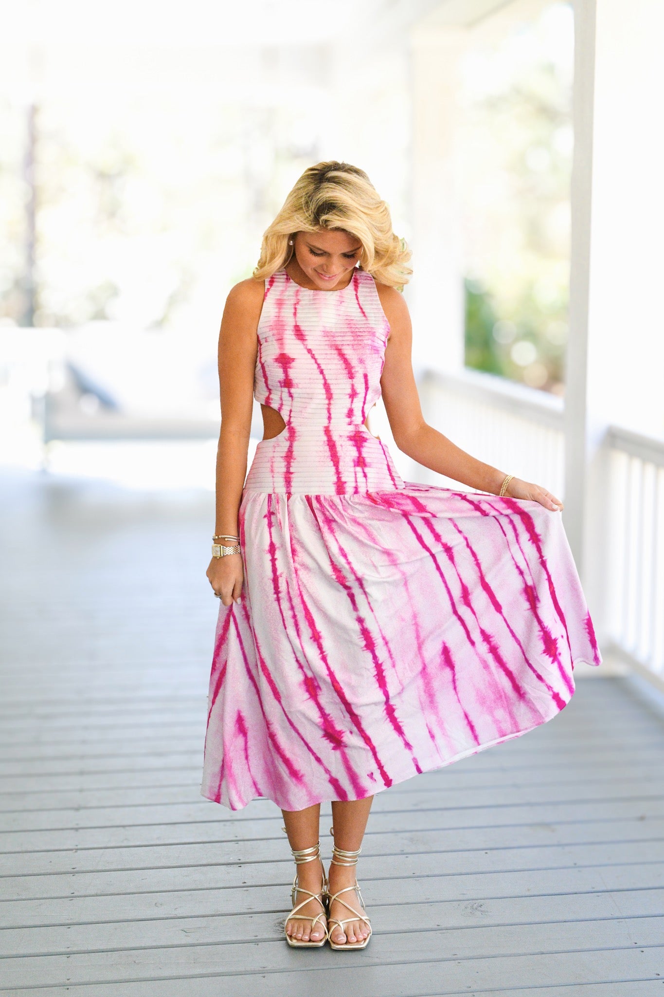 Maggie Drop Waist Cut Out Midi Dress -Pink Tie-Dye