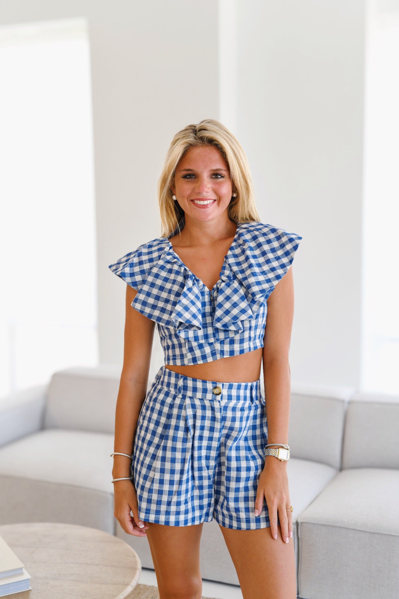 April Gingham Ruffle Set - Blue