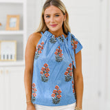 Tara Tie Top - Blue Pinstripe Floral