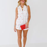 Amber Heart Embroidered Denim Romper - White/Red