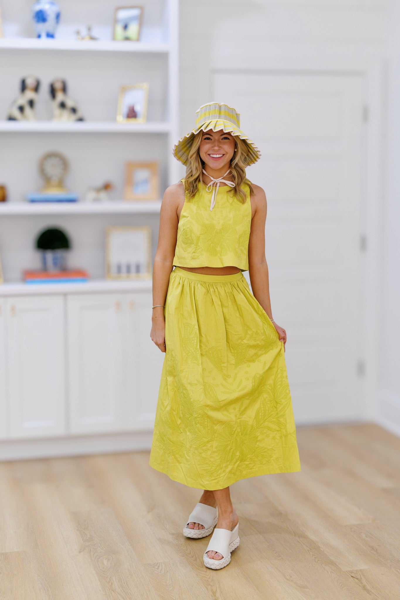 Rosemary Embroidered Top and Midi Skirt Set - Lime