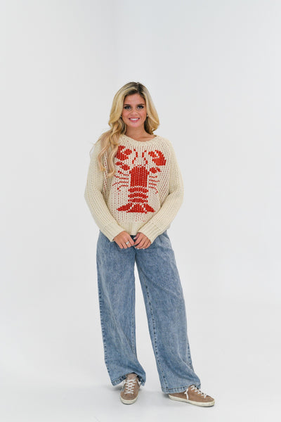 Layla Chunky Knit Lobster Sweater-Sand/Red