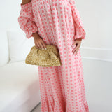 Polly Strapless Bubble Sleeve Maxi Dress - Baby Pink Blockprint