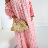 Polly Strapless Bubble Sleeve Maxi Dress - Baby Pink Blockprint