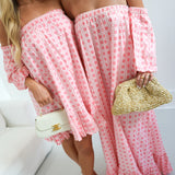 Ciara Strapless Bubble Sleeve Mini Dress - Baby Pink Blockprint