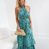 Dorothy Criss Cross Halter Neck Maxi Dress - Blue/Green