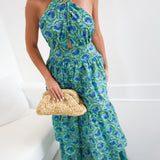 Dorothy Criss Cross Halter Neck Maxi Dress - Blue/Green