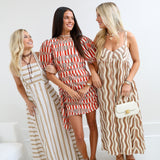 Hind Wavy Striped Satin Midi Dress - Peanut Butter/Cream