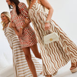 Hind Wavy Striped Satin Midi Dress - Peanut Butter/Cream