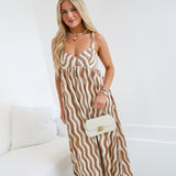 Hind Wavy Striped Satin Midi Dress - Peanut Butter/Cream