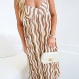Hind Wavy Striped Satin Midi Dress - Peanut Butter/Cream