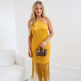 Hallie Halter Satin Fringe Maxi Dress - Yellow