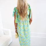 Mallie Maxi Tie Dress - Teal/Lime