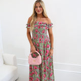 Ariel Smocking Off The Shoulder Maxi Dress - Green/Pink
