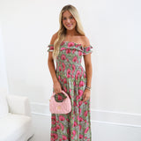 Ariel Smocking Off The Shoulder Maxi Dress - Green/Pink