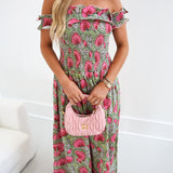 Ariel Smocking Off The Shoulder Maxi Dress - Green/Pink
