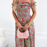 Ariel Smocking Off The Shoulder Maxi Dress - Green/Pink