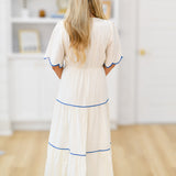 Elenor Short Sleeve Midi Dress-Off White/Blue