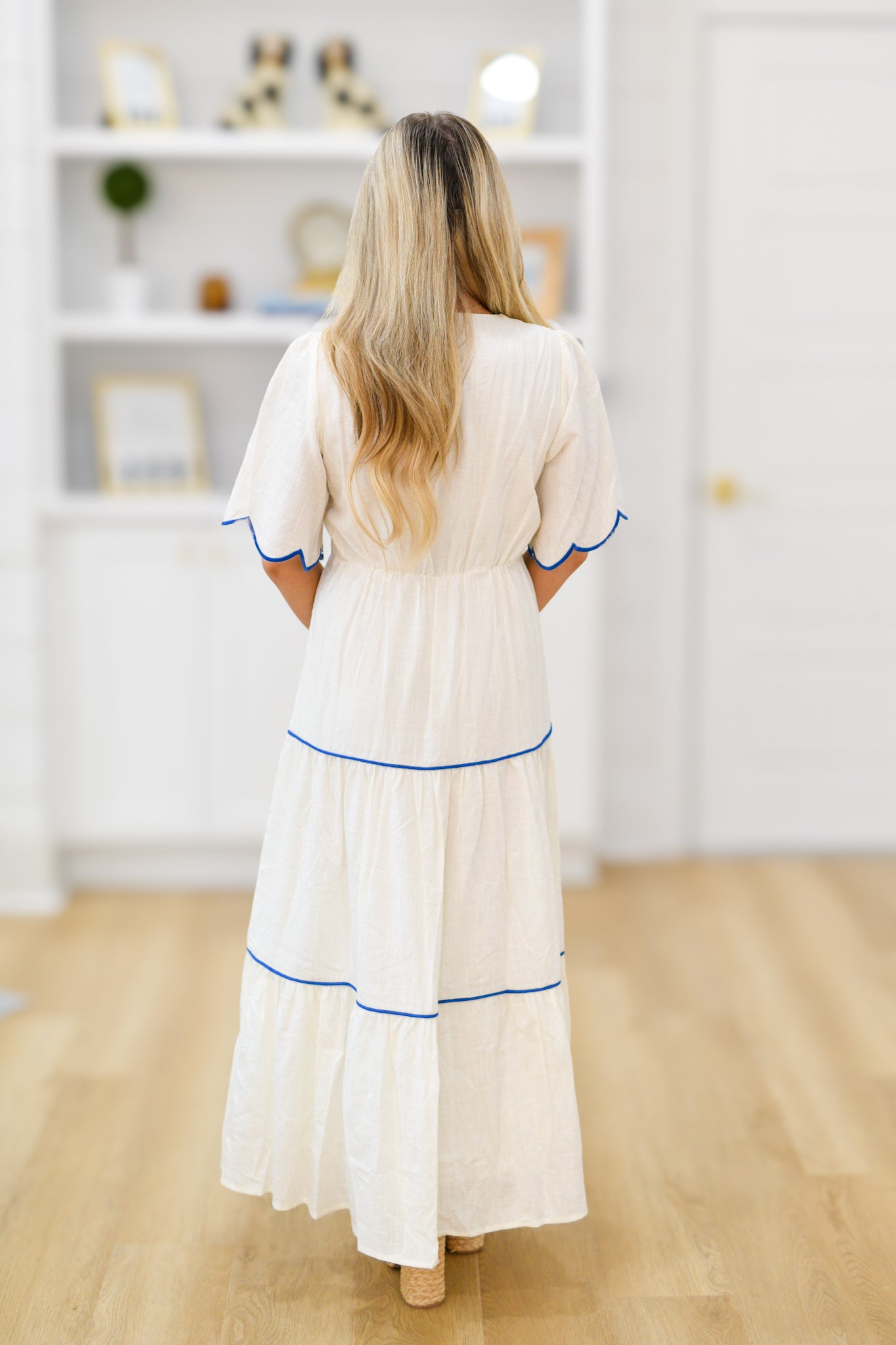 Elenor Short Sleeve Midi Dress-Off White/Blue