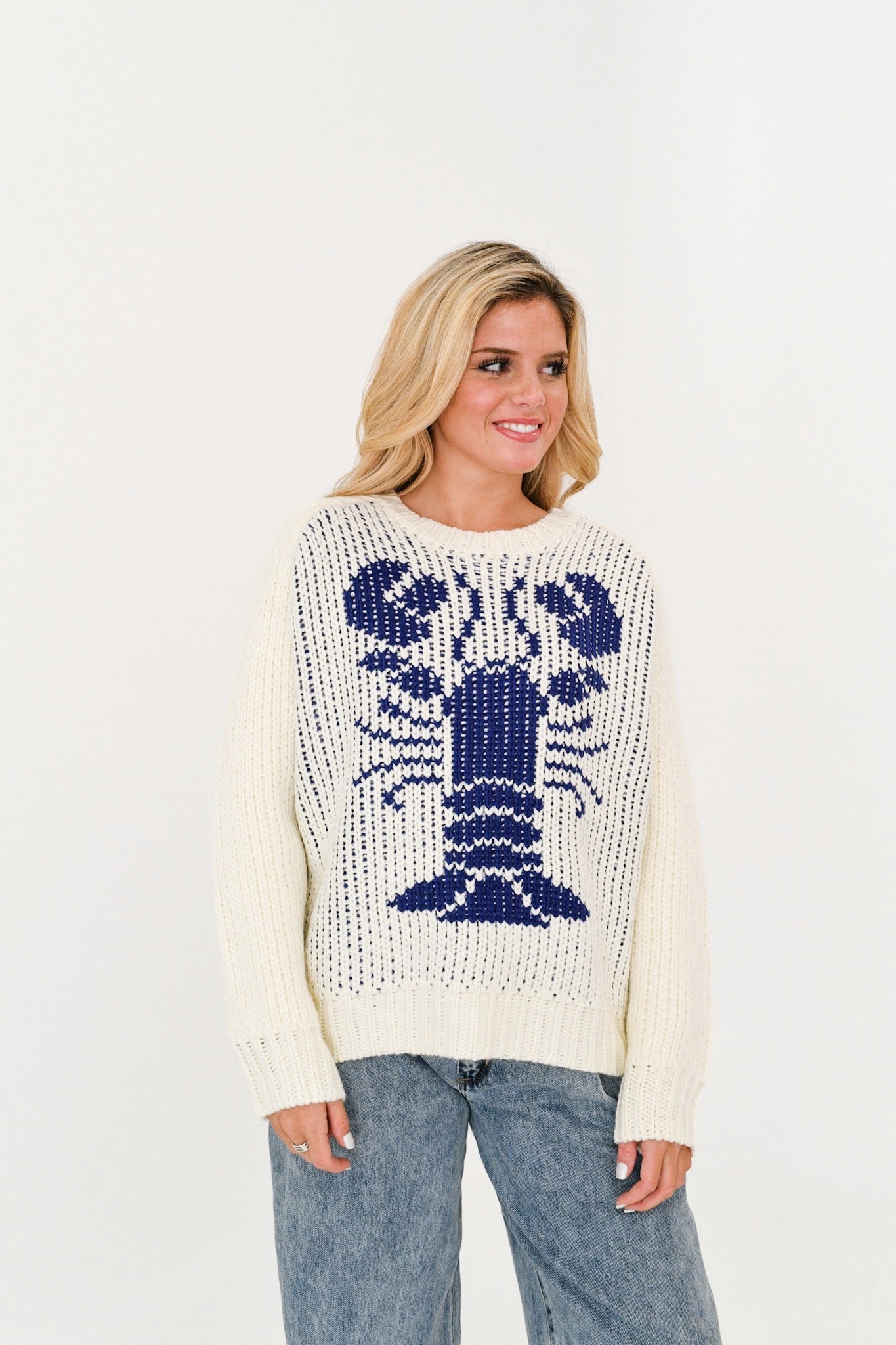 Evelyn Chunky Knit Lobster Sweater-Cream/Blue