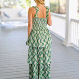 Harmony Ruffled Maxi Dress - Green Block Print