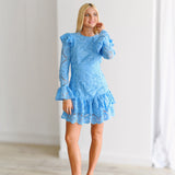 Kimmy Lace Ruffle Long Sleeve Mini Dress-Skyblue