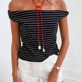 Katy Twisted Detail Stripe Knit Top - Black/Cream Stripe