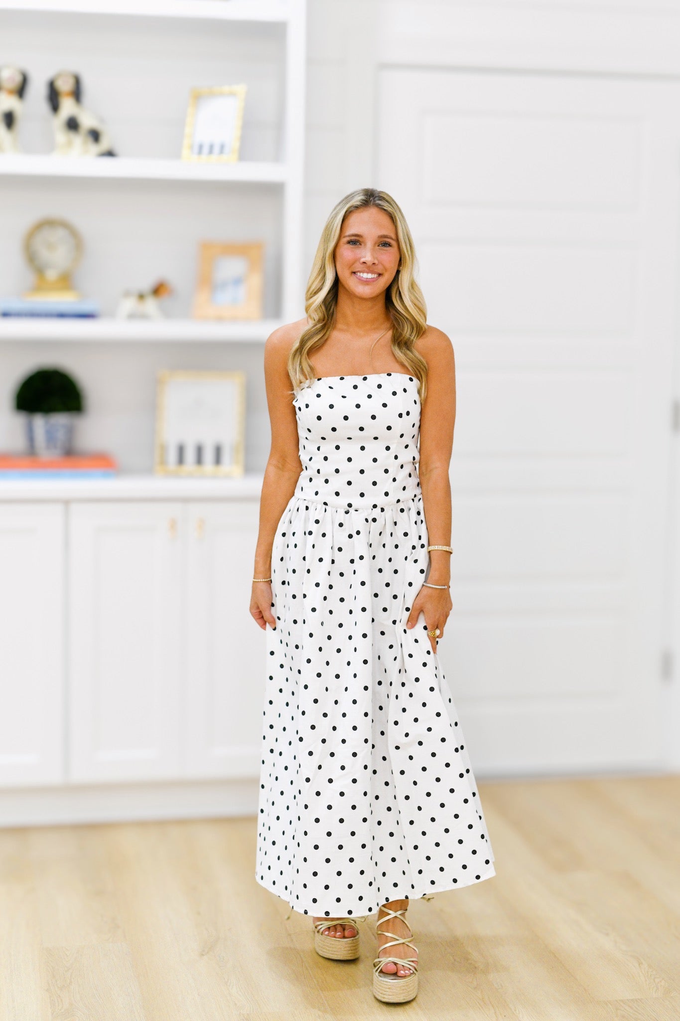 Megan Drop-waist Midi Dress  - White/Black Polkadot