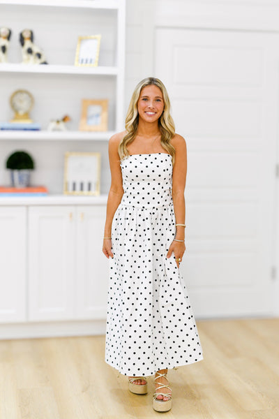 Megan Drop-waist Midi Dress  - White/Black Polkadot