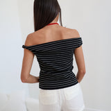 Katy Twisted Detail Stripe Knit Top - Black/Cream Stripe