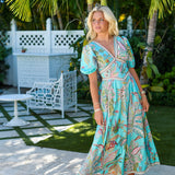 Peyton Printed Puff Sleeve V-Neck Midi Dress - Turquoise