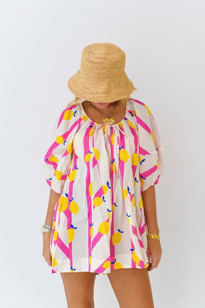 Millie Yellow Limes Striped Romper - White/Pink