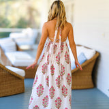 Payton Blockprint Maxi Frill Dress -White/ Pink