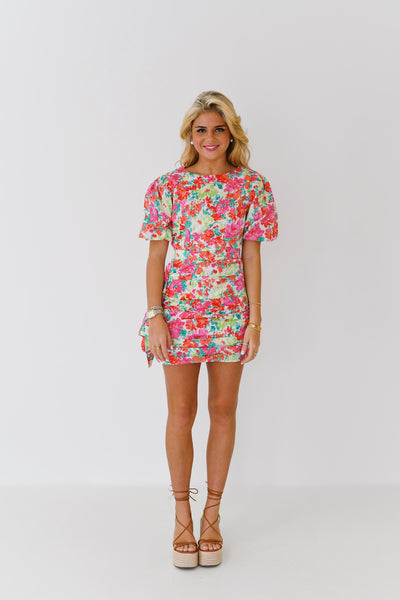 Shelby Ruched Puff Sleeve Floral Mini Dress - Pink Multi