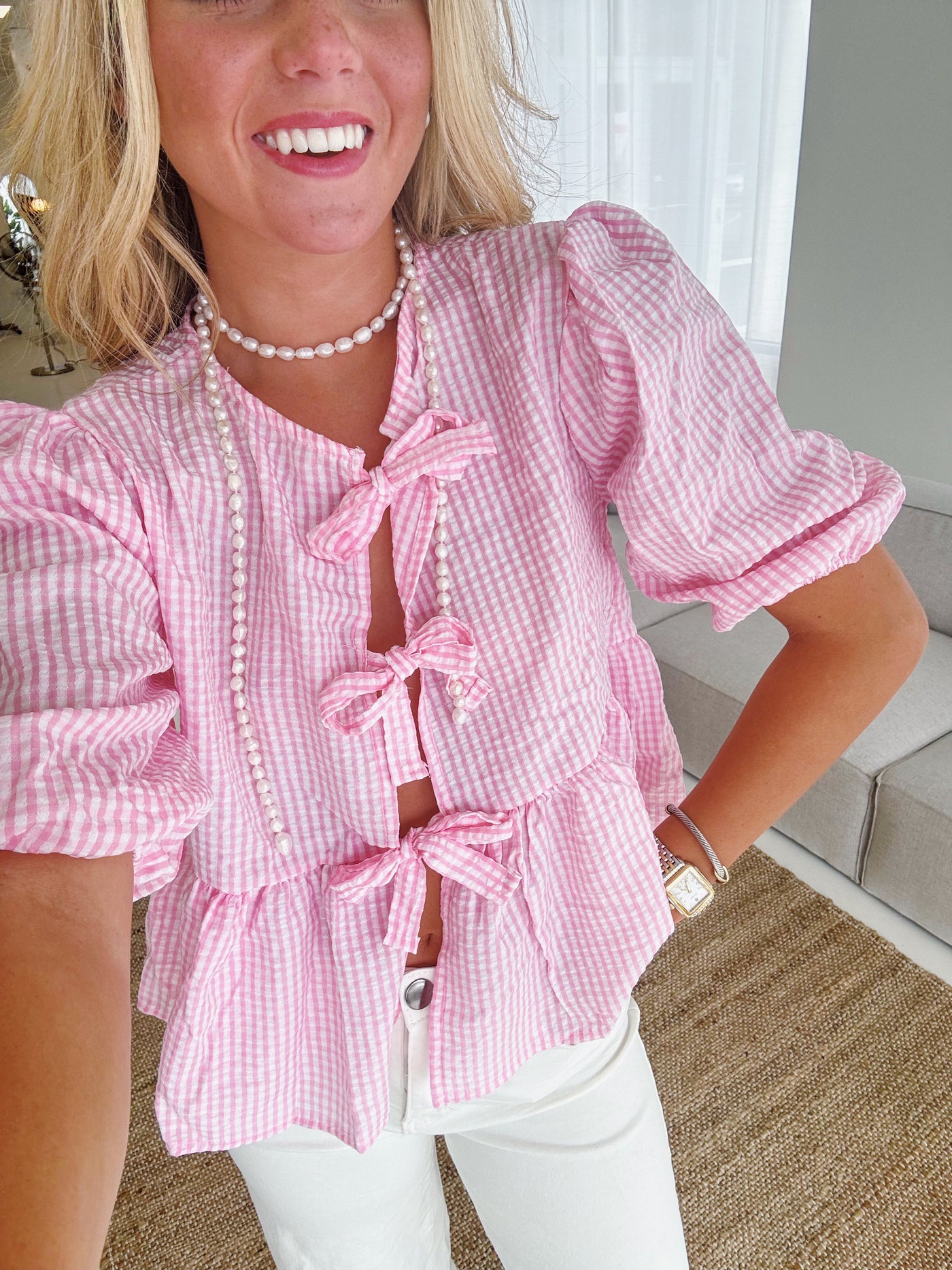 Amelia Striped Tie Top-Light Pink