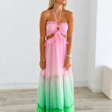 Laura Ombre Ruffle Detail Cut Out Maxi Dress-Pink/Green