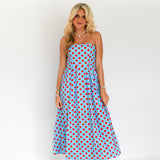 Manning Strapless Polka Dot Midi Dress - Powder Blue/Red
